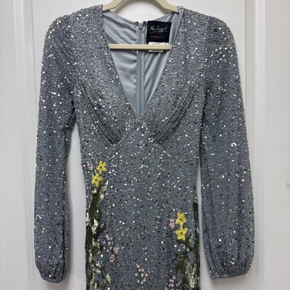 Mac Duggal Size 4 Gray 5542 Floral Sequin Beaded Maxi Formal Gown Dress - Picture 5 of 12
